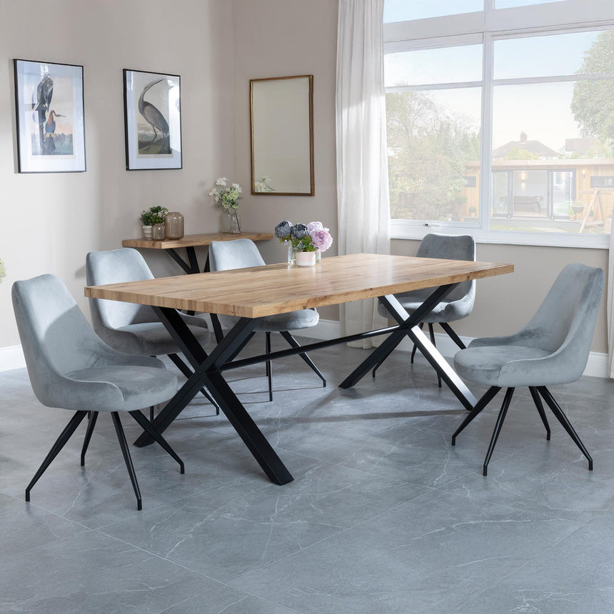 Ezra Oak Dining Set with Black Cross Legs - Arctic Grey Velvet Fabric Swivel Dining Chair-3