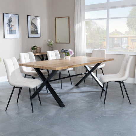 Bronx Industrial Oak Effect Dining Set with Cross Legs - Corona Beige Fabric Dining Chair-3