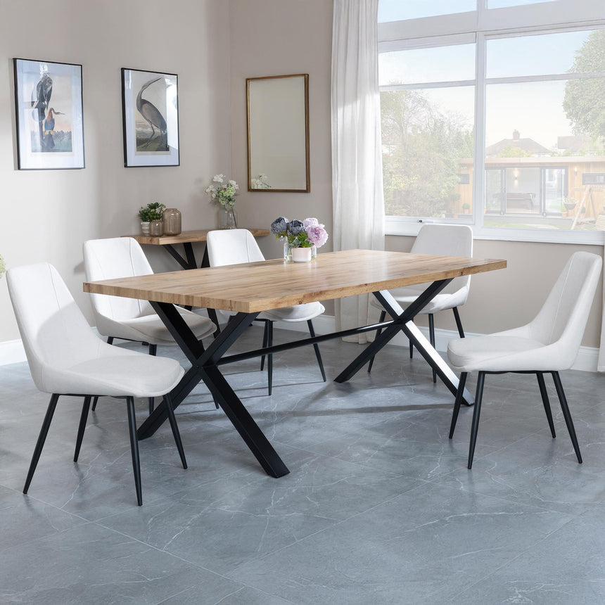 Bronx Industrial Oak Effect Dining Set with Cross Legs - Darwin Cream Fabric Dining Chair-2