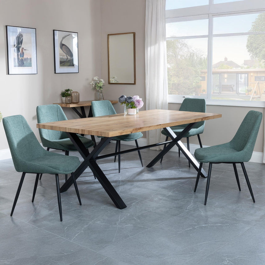 Bronx Industrial Oak Effect Dining Set with Cross Legs - Darwin Green Fabric Dining Chair-5