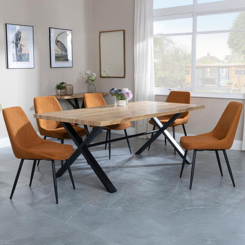 Bronx Industrial Oak Effect Dining Set with Cross Legs - Darwin Orange Fabric Dining Chair-4
