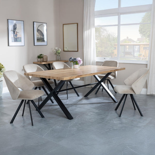 Bronx Industrial Oak Effect Dining Set with Cross Legs - Ion Beige Velvet Fabric Swivel Dining Chair