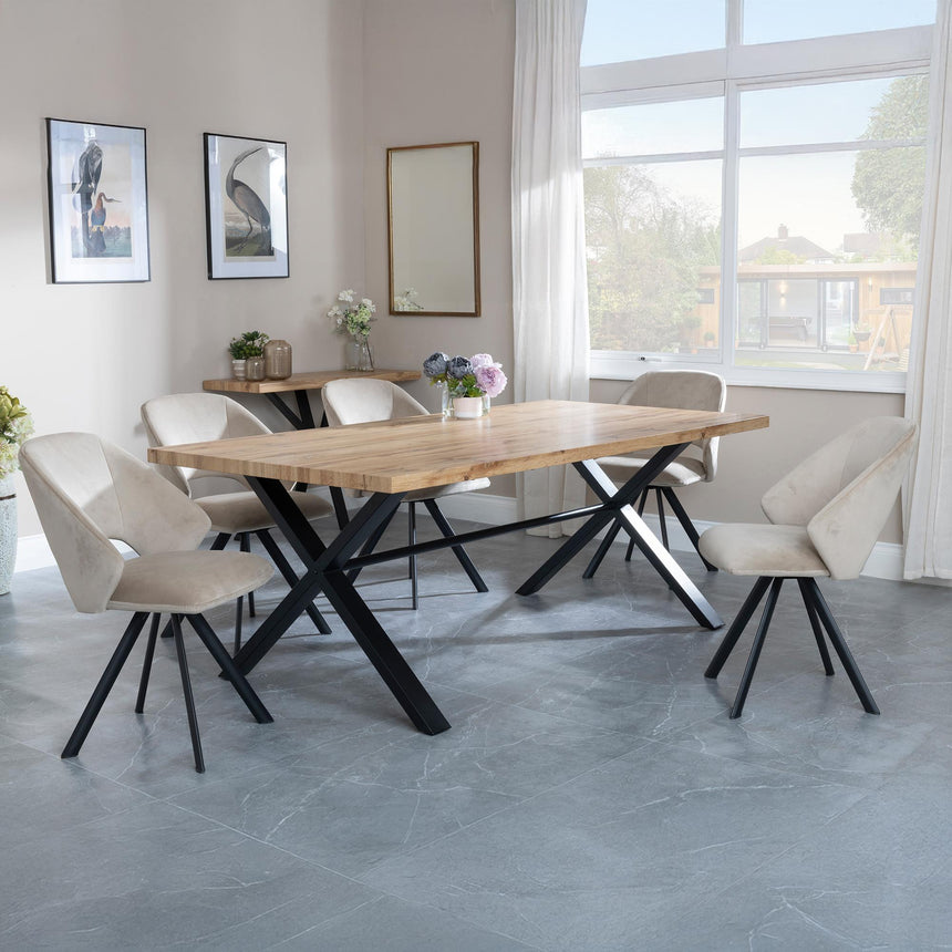 Bronx Industrial Oak Effect Dining Set with Cross Legs - Ion Beige Velvet Fabric Swivel Dining Chair