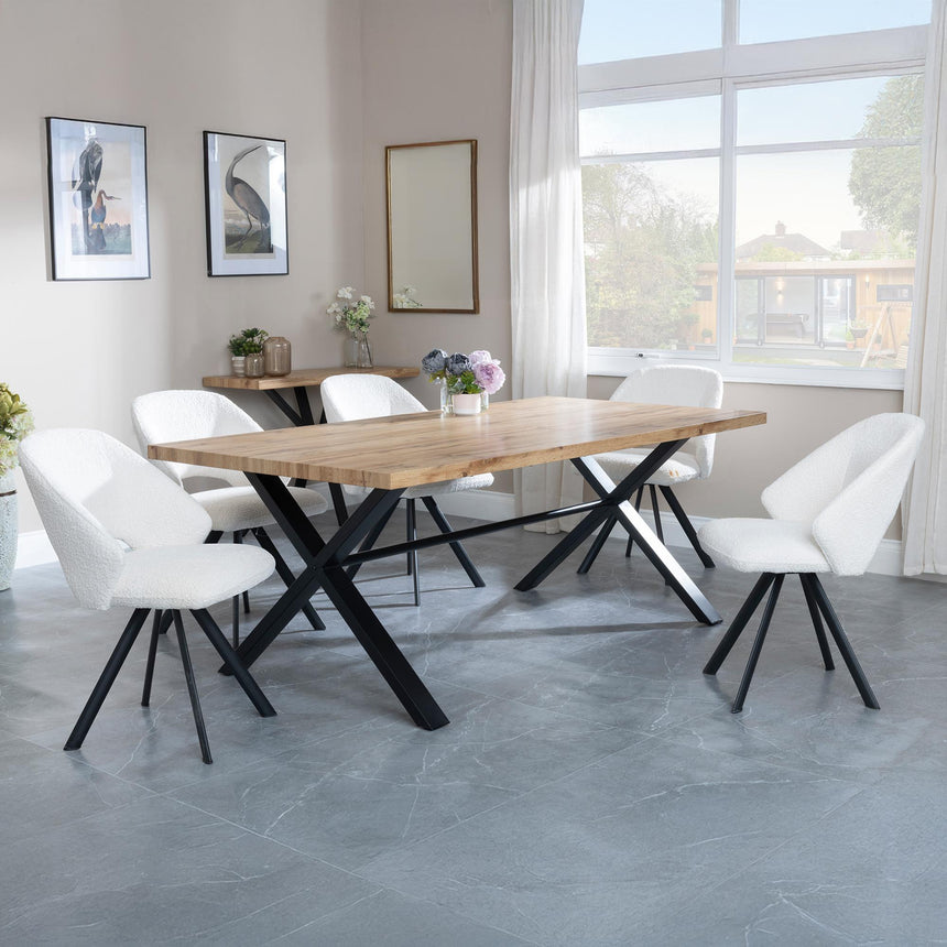 Bronx Industrial Oak Effect Dining Set with Cross Legs - Ion Cream Velvet Fabric Swivel Dining Chair-5