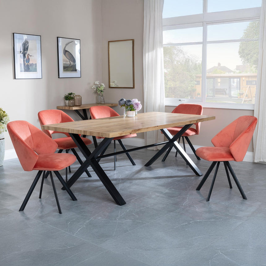 Bronx Industrial Oak Effect Dining Set with Cross Legs - Ion Orange Velvet Fabric Swivel Dining Chair-3