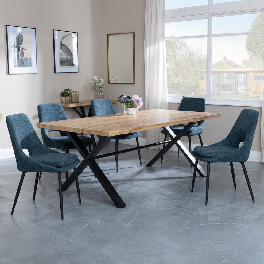 Ezra Oak Dining Set with Black Cross Legs - Peyton Blue Fabric Dining Chair-2