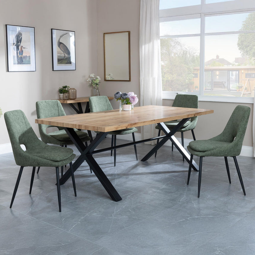 Ezra Oak Dining Set with Black Cross Legs - Peyton Green Fabric Dining Chair-3