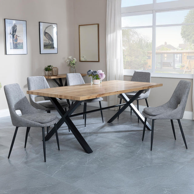 Ezra Oak Dining Set with Black Cross Legs - Peyton Grey Fabric Dining Chair