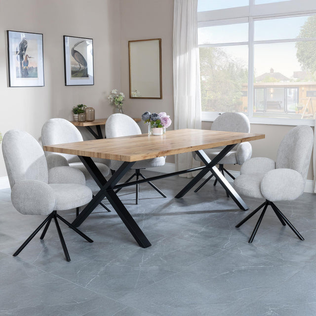 Bronx Industrial Oak Effect Dining Set with Cross Legs - Theo Grey Fabric Swivel Dining Chair