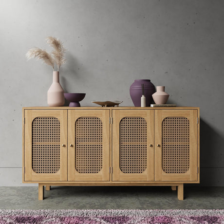 Retro Wood and Rattan Sideboard - 4 Doors