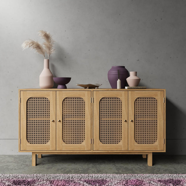 Retro Wood and Rattan Sideboard - 4 Doors