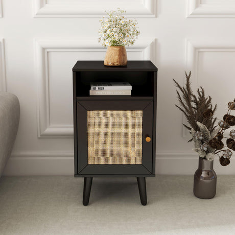 Ferrero Black and Woven Rattan 1 Door Bedside Table-2