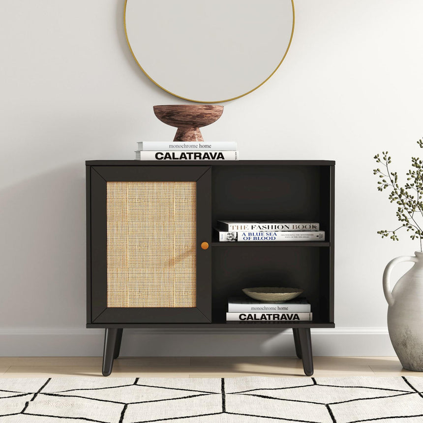 Ferrero Black and Woven Rattan 1 Door Cabinet-2