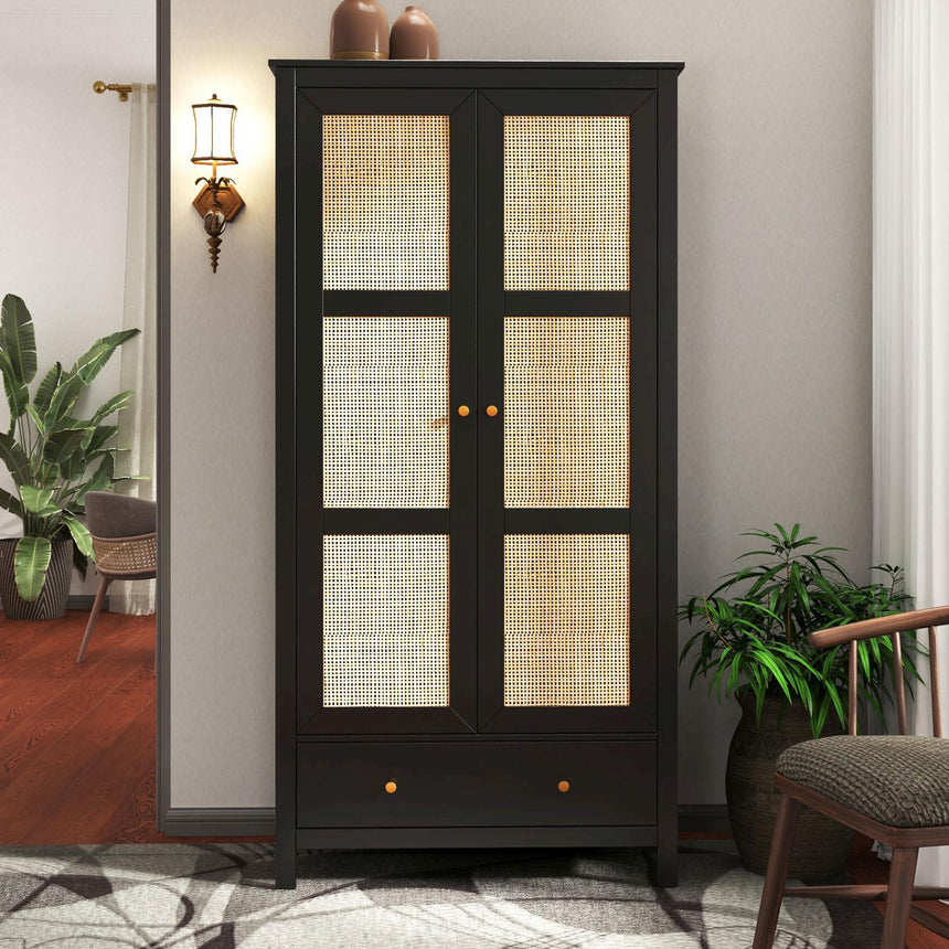 Ferrero Black and Woven Rattan 2 Door 1 Drawer Wardrobe-2