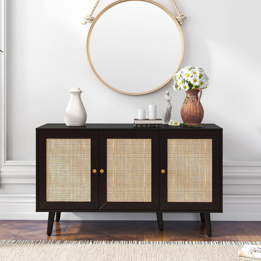 Ferrero Black and Woven Rattan 3 Door Medium Sideboard - 120cm-2