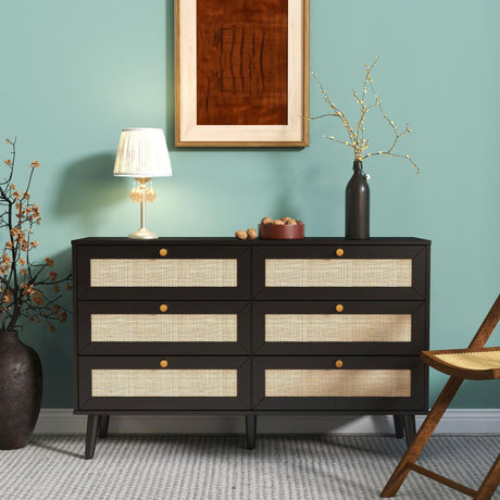 Ferrero Black and Woven Rattan 6 Drawer Wide Chest-2