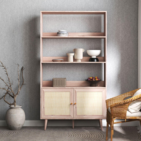 Ferrero Natural and Woven Rattan Open Shelving Unit with Cupboard