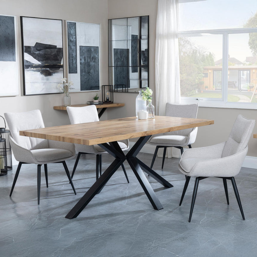 Bronx Industrial Oak Effect Dining Set with Spider Legs - Ace Beige Fabric Swivel Dining Chair-3