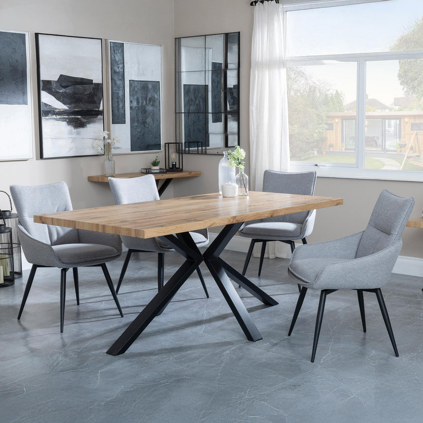 Bronx Industrial Oak Effect Dining Set with Spider Legs - Ace Grey Fabric Swivel Dining Chair-2