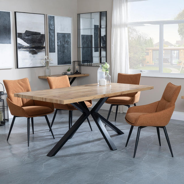 Bronx Industrial Oak Effect Dining Set with Spider Legs - Ace Orange Fabric Swivel Dining Chair