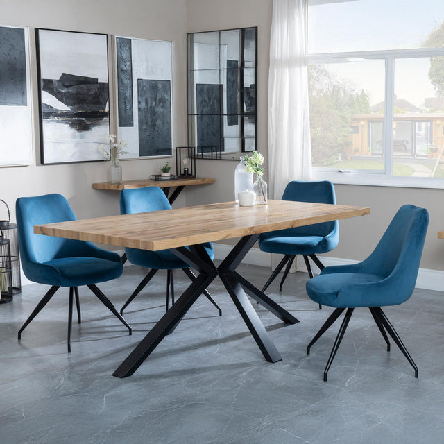Bronx Industrial Oak Effect Dining Set with Spider Legs - Arctic Blue Velvet Fabric Swivel Dining Chair