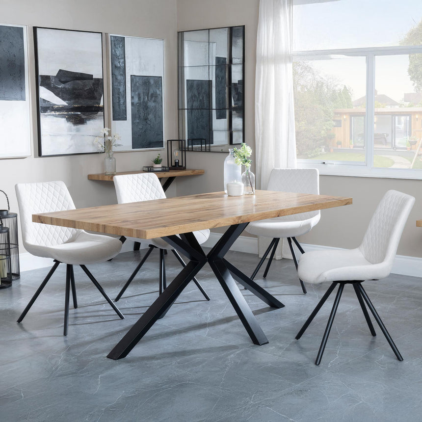 Bronx Industrial Oak Effect Dining Set with Spider Legs - Boden Cream Fabric Swivel Dining Chair-3
