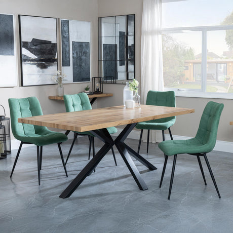 Ezra Oak Dining Set with Black Spider Legs - Corona Green Fabric Dining Chair-2