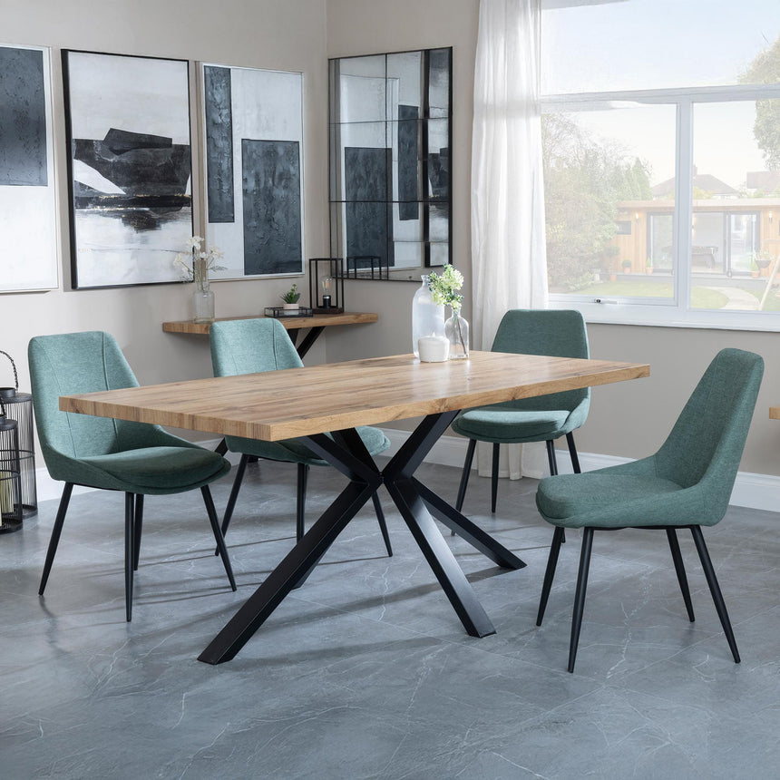 Bronx Industrial Oak Effect Dining Set with Spider Legs - Darwin Green Fabric Dining Chair-5