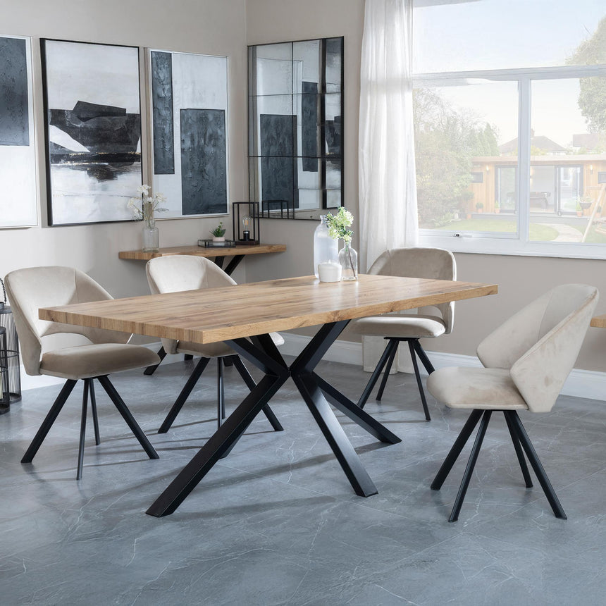 Ezra Oak Dining Set with Black Spider Legs - Ion Beige Velvet Fabric Swivel Dining Chair-2