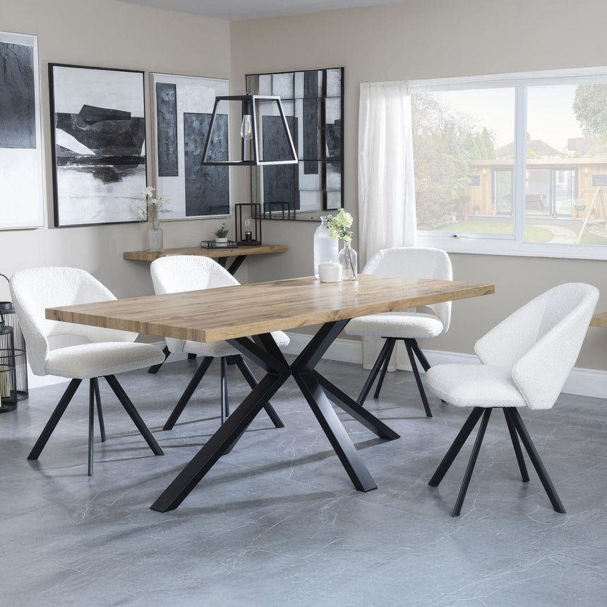Ezra Oak Dining Set with Black Spider Legs - Ion Cream Boucle Teddy Fabric Swivel Dining Chair