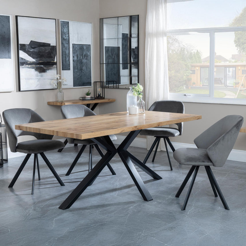 Ezra Oak Dining Set with Black Spider Legs - Ion Dark Grey Velvet Fabric Swivel Dining Chair-3