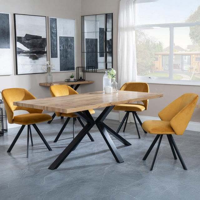Ezra Oak Dining Set with Black Spider Legs - Ion Mustard Velvet Fabric Swivel Dining Chair