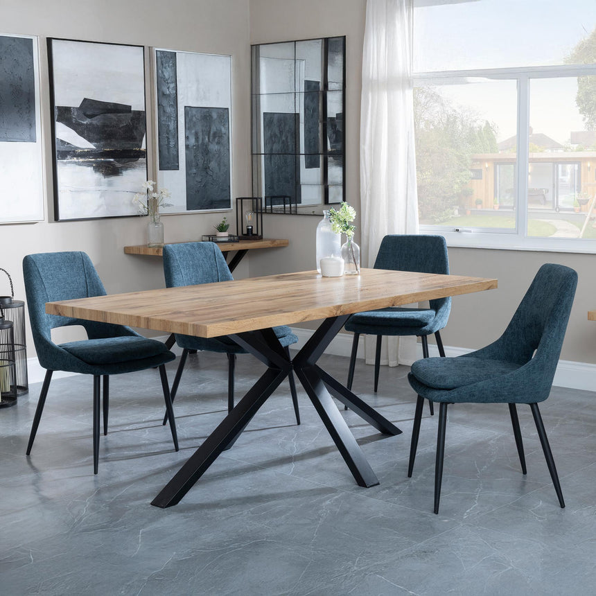 Ezra Oak Dining Set with Black Spider Legs - Peyton Blue Fabric Dining Chair-2