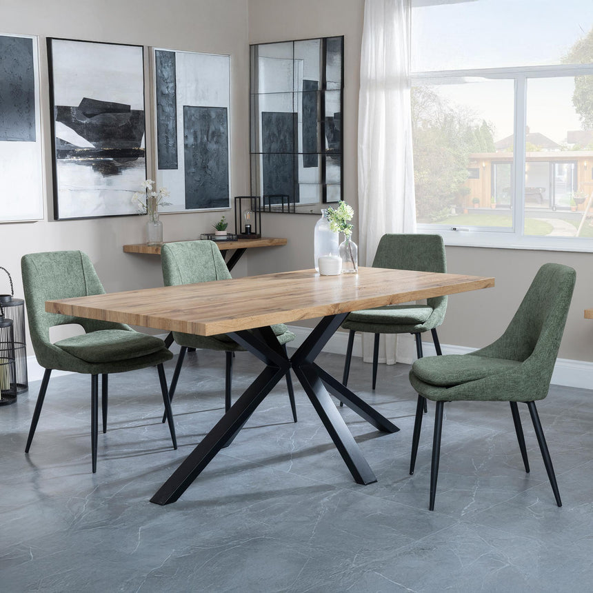 Barking Oak Dining Set with Black Spider Legs - Stansbury Green Fabric Dining Chair