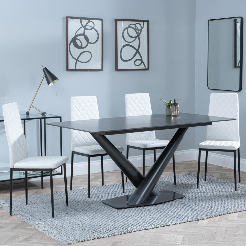 Maldon Black Ceramic Dining Set - Metro White Leather Dining Chair with Black Legs-3