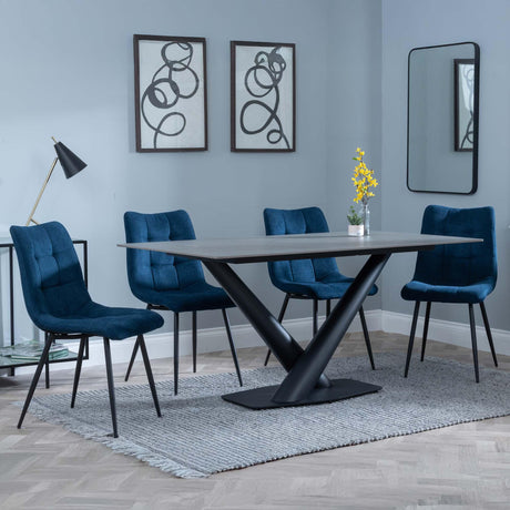 Maldon Grey Ceramic Dining Set - Corona Blue Fabric Dining Chair-5