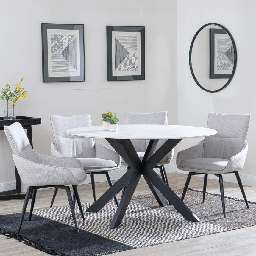 Novara White Ceramic 4 Seater Round Dining Set - 4 Ace Beige Fabric Swivel Dining Chair-2