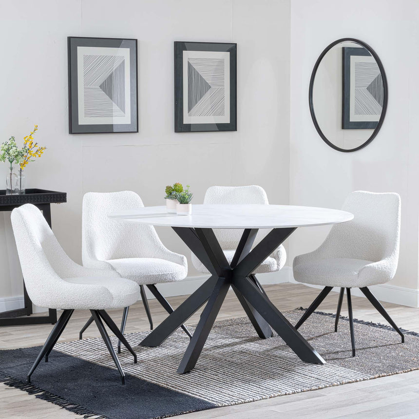 Novara White Ceramic 4 Seater Round Dining Set - 4 Arctic Cream Velvet Fabric Swivel Dining Chair-4