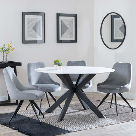 Novara White Ceramic 4 Seater Round Dining Set - 4 Arctic Grey Velvet Fabric Swivel Dining Chair-2