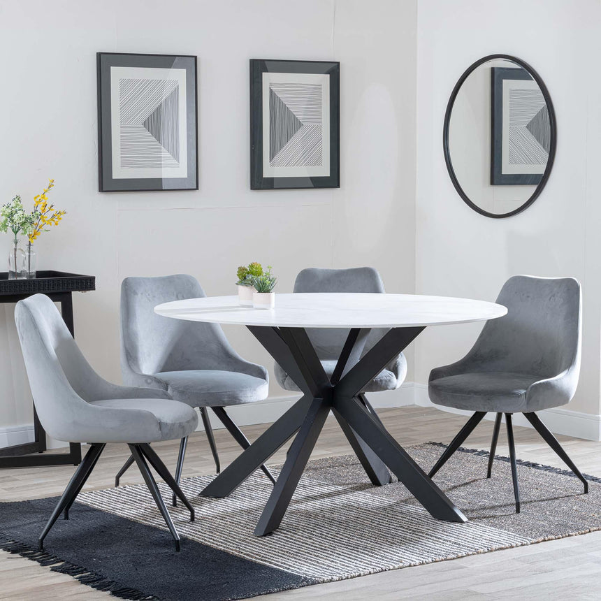 Novara White Ceramic 4 Seater Round Dining Set - 4 Arctic Grey Velvet Fabric Swivel Dining Chair-2