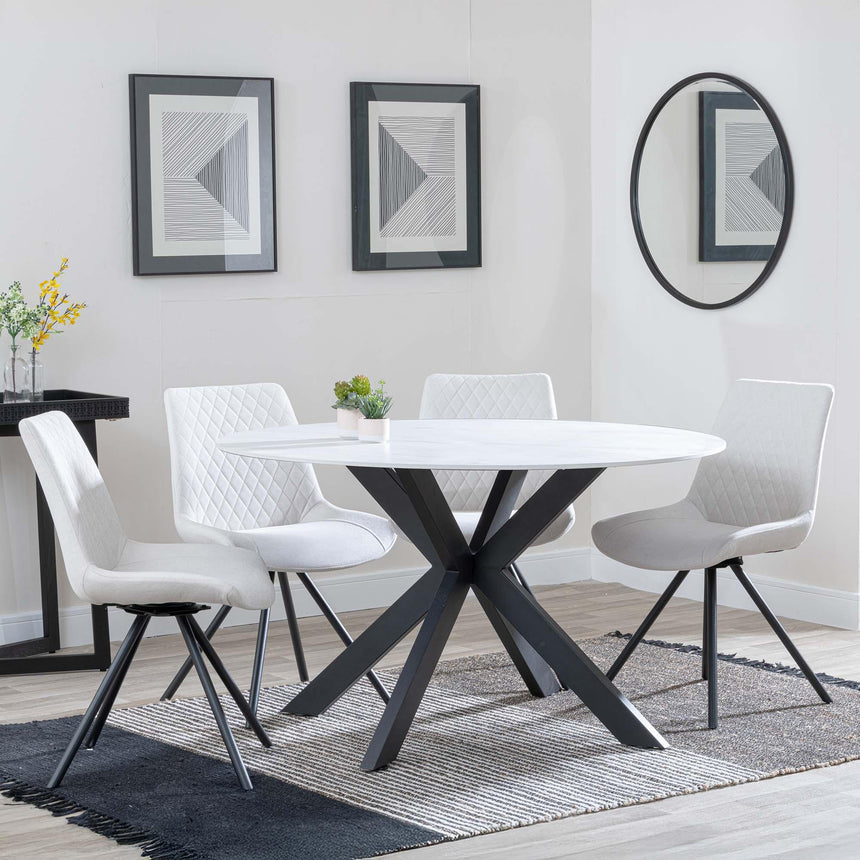 Novara White Ceramic 4 Seater Round Dining Set - 4 Boden Cream Fabric Swivel Dining Chair-2