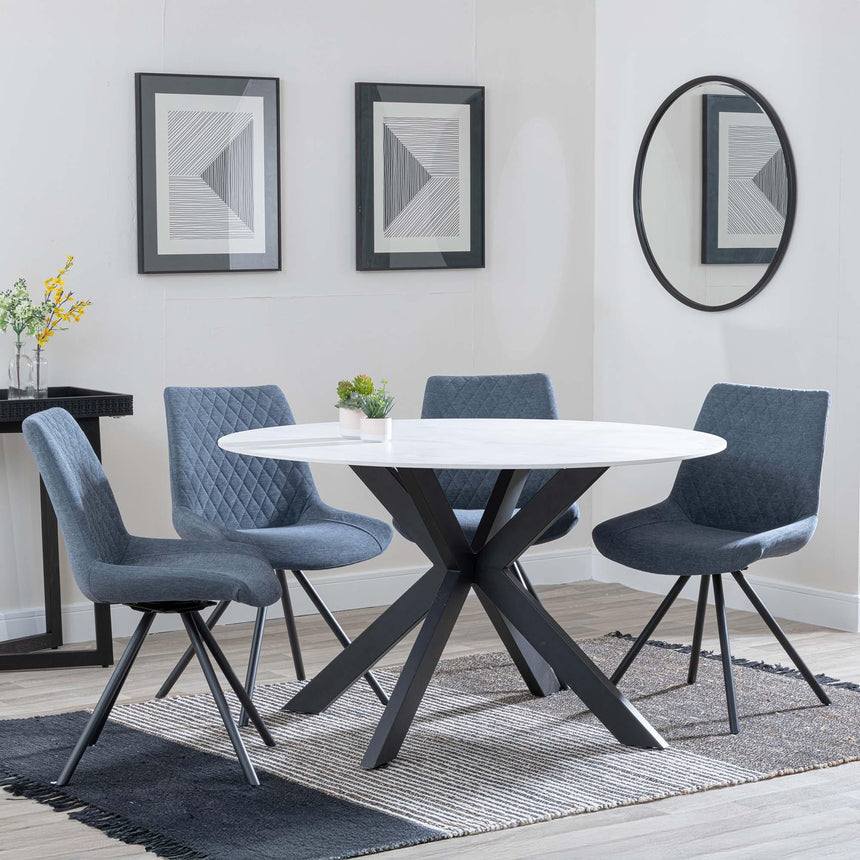 Novara White Ceramic 4 Seater Round Dining Set - 4 Boden Dark Grey Fabric Swivel Dining Chair-5