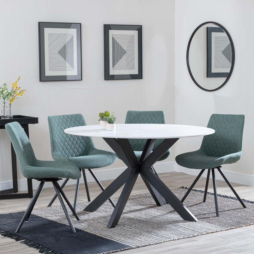 Novara White Ceramic 4 Seater Round Dining Set - 4 Boden Green Fabric Swivel Dining Chair-4