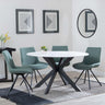 Novara White Ceramic 4 Seater Round Dining Set - 4 Boden Green Fabric Swivel Dining Chair-4