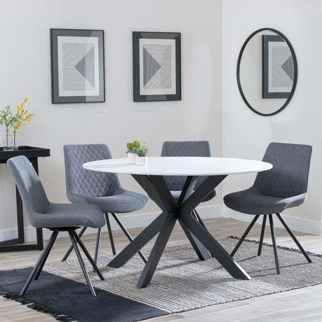 Novara White Ceramic 4 Seater Round Dining Set - 4 Boden Grey Fabric Swivel Dining Chair-6