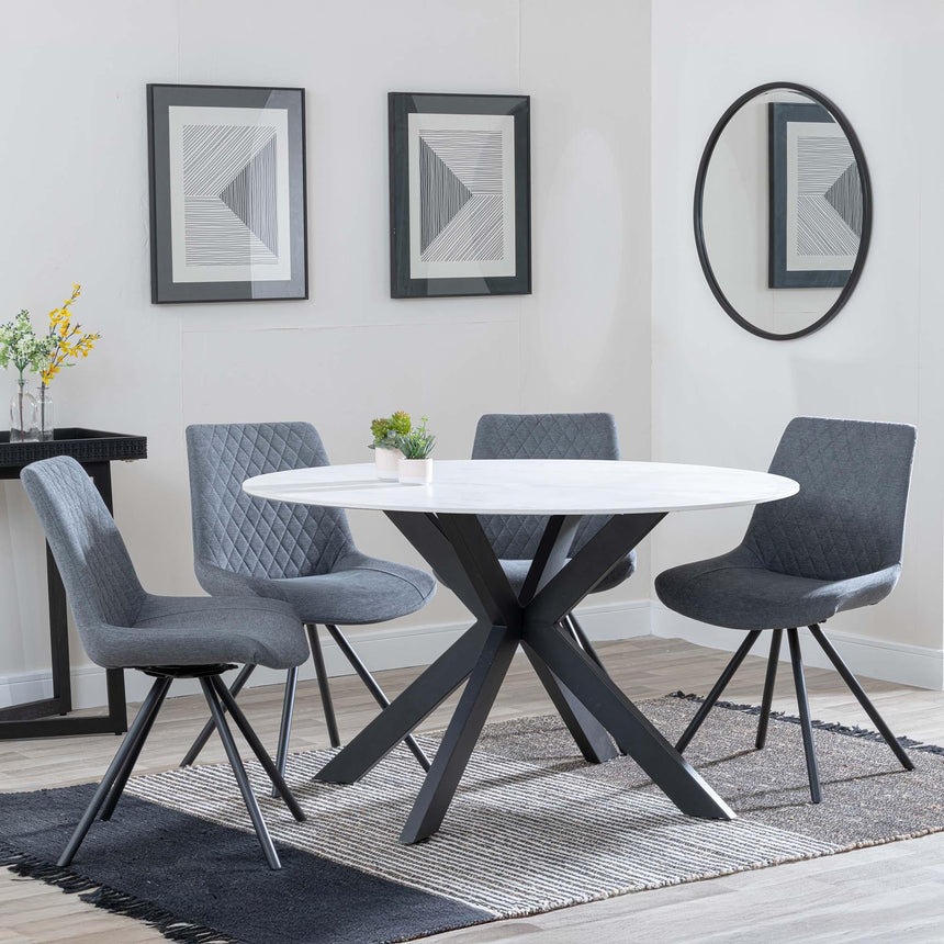 Novara White Ceramic 4 Seater Round Dining Set - 4 Boden Grey Fabric Swivel Dining Chair-6