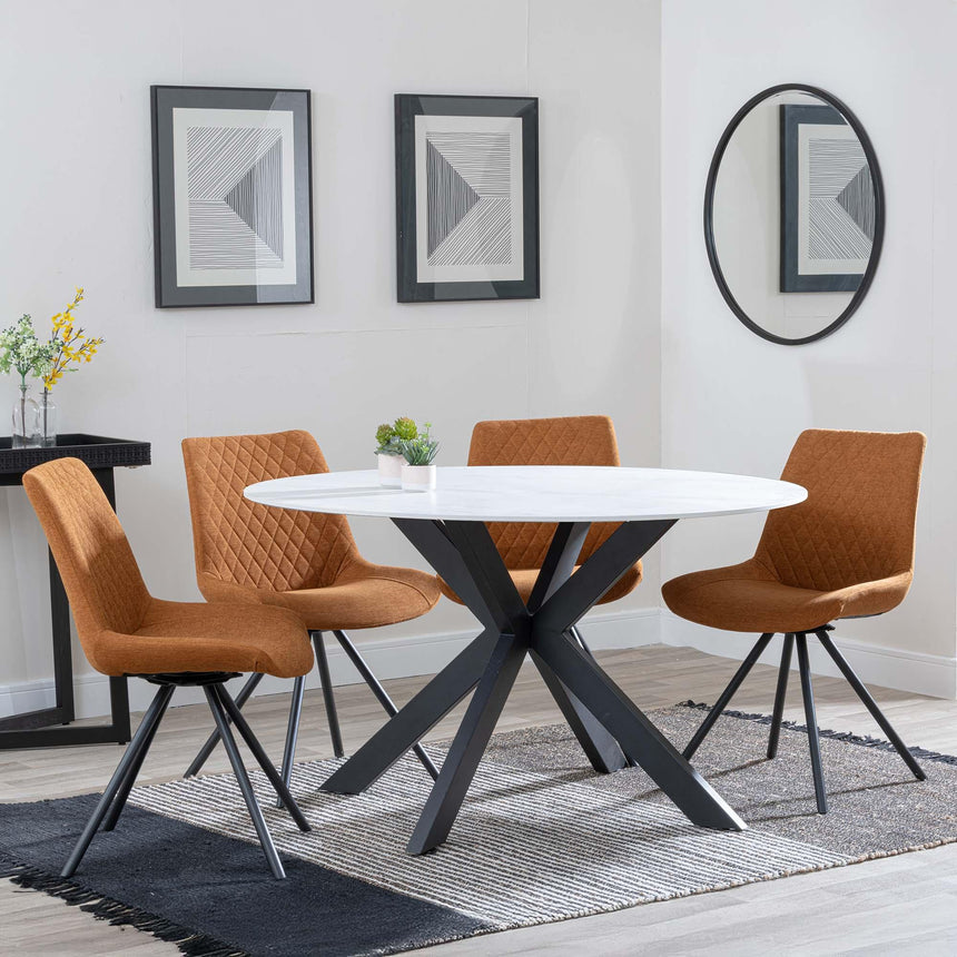 Novara White Ceramic 4 Seater Round Dining Set - 4 Boden Orange Fabric Swivel Dining Chair-3
