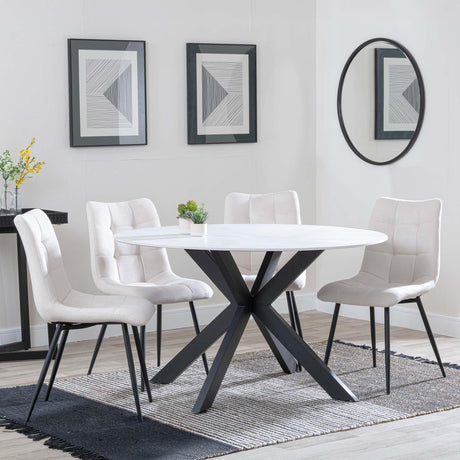 Novara White Ceramic 4 Seater Round Dining Set - 4 Corona Beige Fabric Dining Chair-2