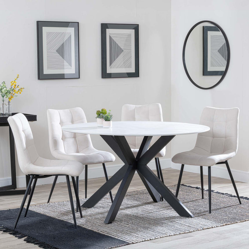 Novara White Ceramic 4 Seater Round Dining Set - 4 Corona Beige Fabric Dining Chair-2