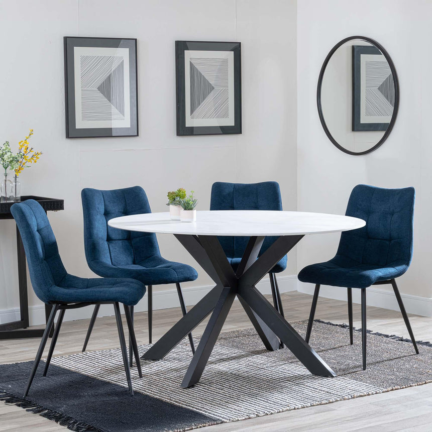 Novara White Ceramic 4 Seater Round Dining Set - 4 Corona Blue Fabric Dining Chair-4